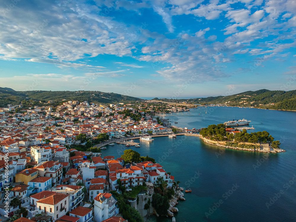 Aerial panoramic view over Chora town in Skiathos island, Sporades, Magnesia, Greece