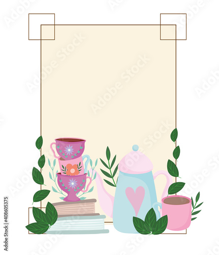 Tea time cute kettle cups on books flowers leaves frame decoration