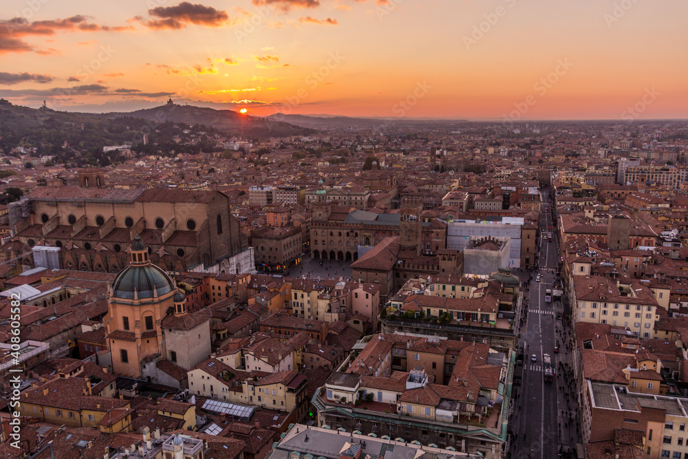 Sunset aerial view of Bologna, Italy