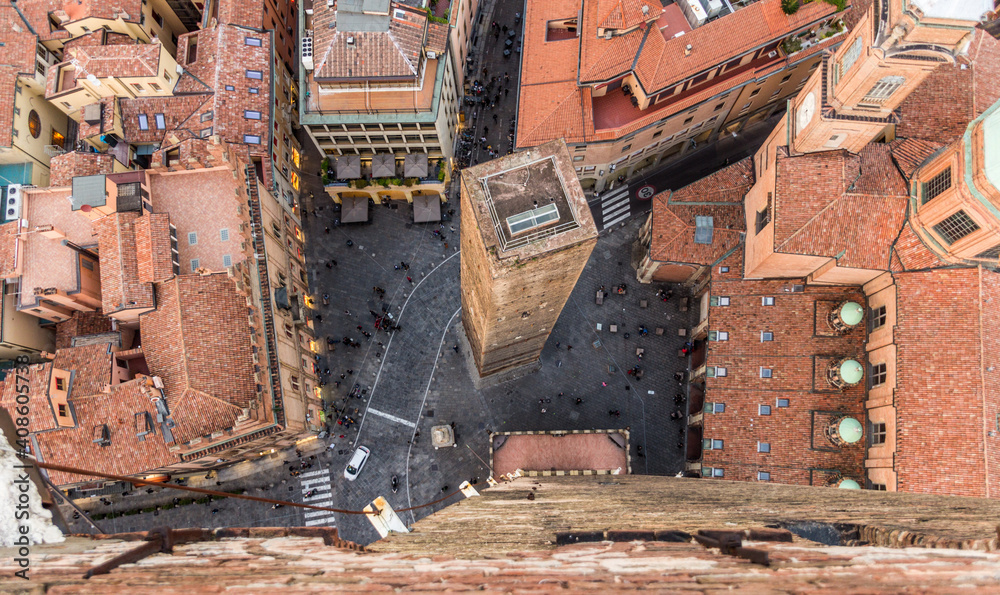 Aerial view of Piazza di Porta Ravegnana square in Bologna, Italy