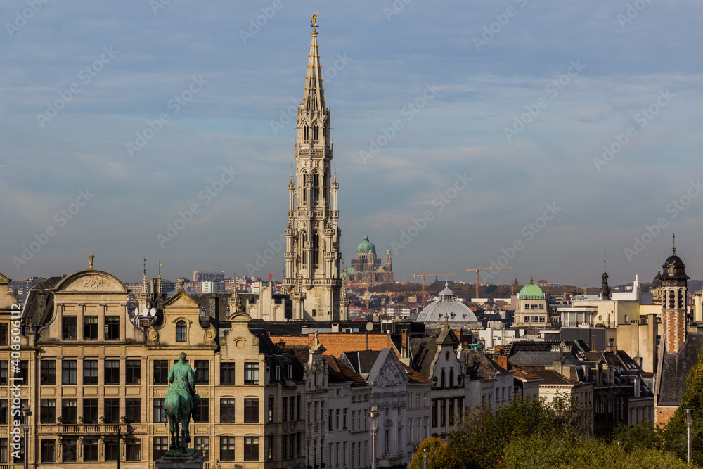 Skyline of Brussels, capital of Belgium. Brussels Town Hall tower and Basilica of the Sacred Heart visible.