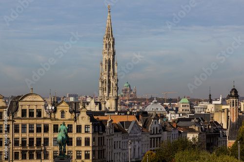Skyline of Brussels  capital of Belgium. Brussels Town Hall tower and Basilica of the Sacred Heart visible.