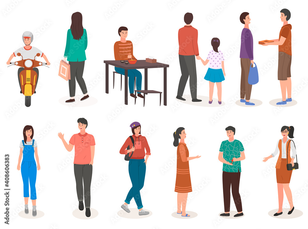 Fototapeta premium People in various lifestyles with different activities, businessman, woman, teenager, traveler, friends, sport woman, businesswoman, motorcyclist, parent with a child. Character set with flat design