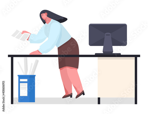 Chaos in office. Unorganized office worker in panic. Woman stressing from paper work, solving difficulties, problems. Worker failure deadline, confused, stressing, busy. Employee hurry and panic