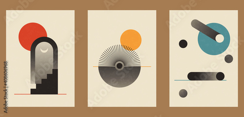 A set of three colorful aesthetic geometric backgrounds. Minimalistic posters for social media, cover design, web, home decor. Vintage illustrations with stripes, shapes, circles, semicircles, lines.