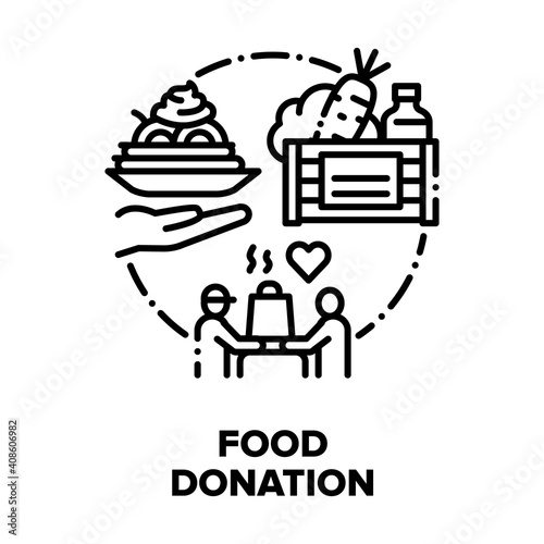 Food Donation Vector Icon Concept. Volunteer Delivering Donation Box With Foodstuffs, Fresh Natural Vegetables, Drink And Oil Bottle. Chief Cooking Delicious Dish Black Illustration