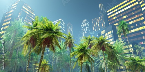 Skyscrapers in the palm trees  palms and high-rise buildings  skyscrapers in the Jungle  beautiful rainforest in the fog  palm trees in the haze  the jungle in the morning in the fog  3D rendering
