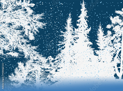 winter fosest under snow on dark blue background