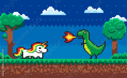 Unicorn character vector, dragon with fire and horse with one horn. Scene with players, night place with trees and nature, dinosaur gamers choice