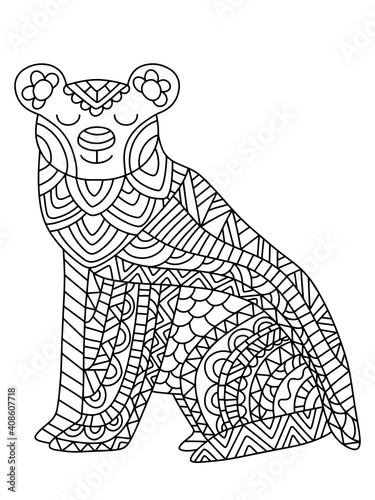 Fototapeta Naklejka Na Ścianę i Meble -  Peaceful polar bear coloring page for kids and adults. Detailed black outline arctic animal with ornament isolated on white. International Polar Bear Day linear stock vector illustration. One of serie