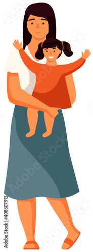 The mother stands with a small child in her arms. Parent and daughter isolated on white background. The girl happily raises her hands. Mom is taking care of the baby flat vector illustration
