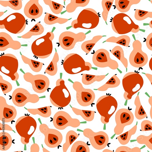 Bold colors pear fruits seamless pattern vector. Juicy whole pears and slices isolated on white vector seamless texture. Perfect pattern for jam packaging, raw food, kitchenware, textile and more