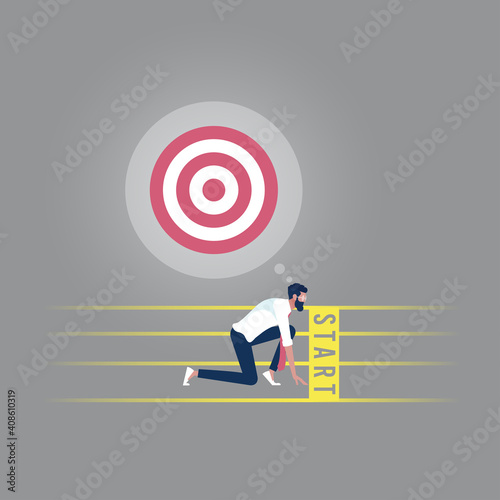 Businessman ready to run at start-Business start up concept, Businessman get ready on starting line, Businessman in starting position ready to sprint run