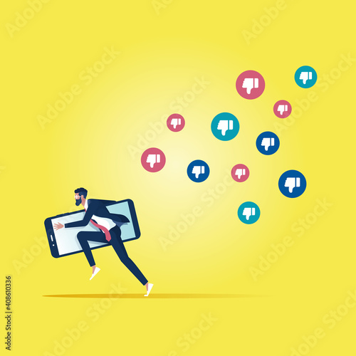 Social network marketing or social media disapproval concept, Businessman running away from negative comments icons
