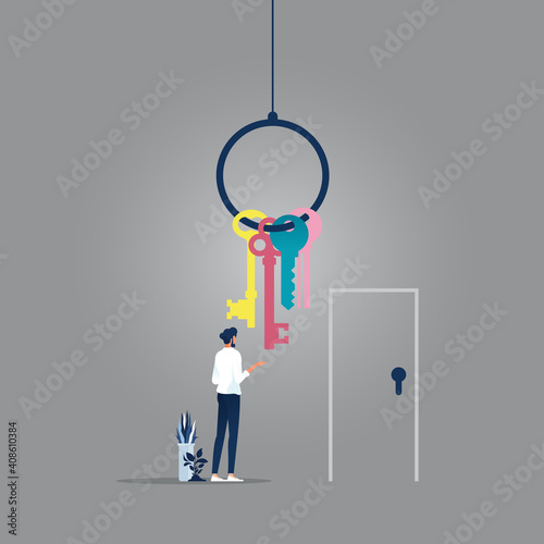 Choose the right choice to success, Choice and opportunity concept, Businessman in front of a lot of key does not know which to choose, Business dilemma and choices