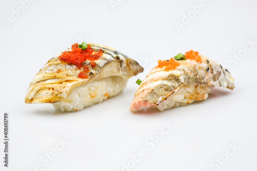 Japanese Saba sushi or raw Mackerel fish sushi 