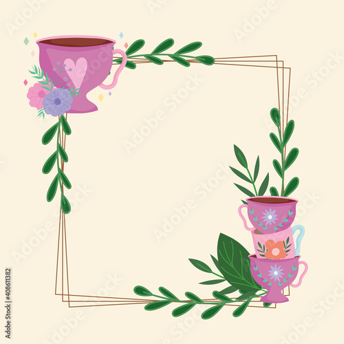 Tea time frame with cups decoration flowers leaves mint nature