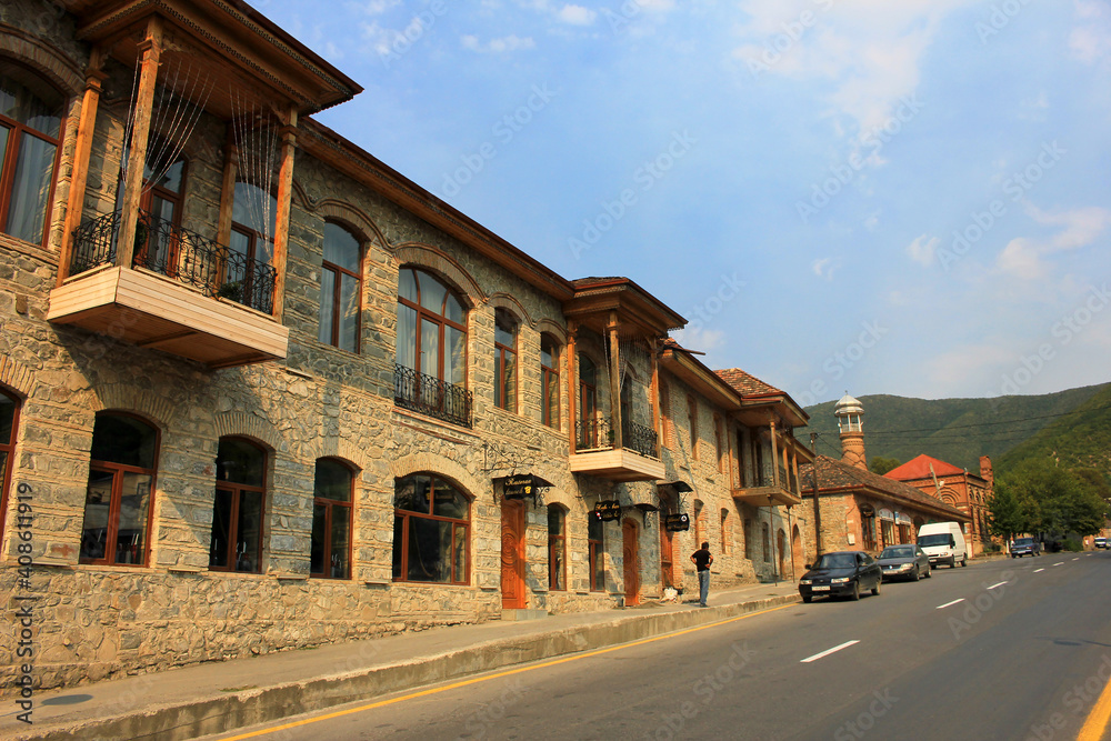 Azerbaijan. Sheki city. Beautiful old town houses.