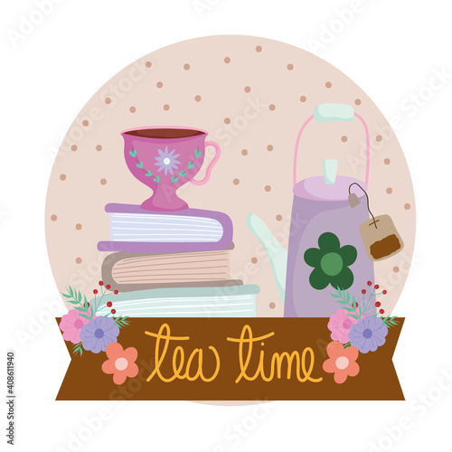 Tea time, kettle teabag cup on stack of books, floral decoration