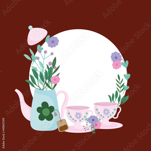 Tea time, teapot and cups teabag flowers plants and herbs