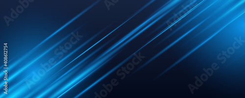Vector Abstract, science, futuristic, energy technology concept. Digital image of light rays, stripes lines with blue light, speed and motion blur over dark blue background