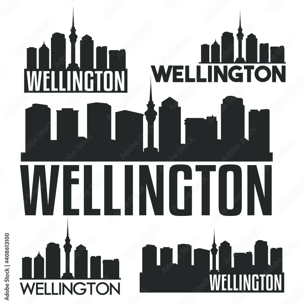 Wellington New Zealand Flat Icon Skyline Vector Silhouette Design Set Logo.