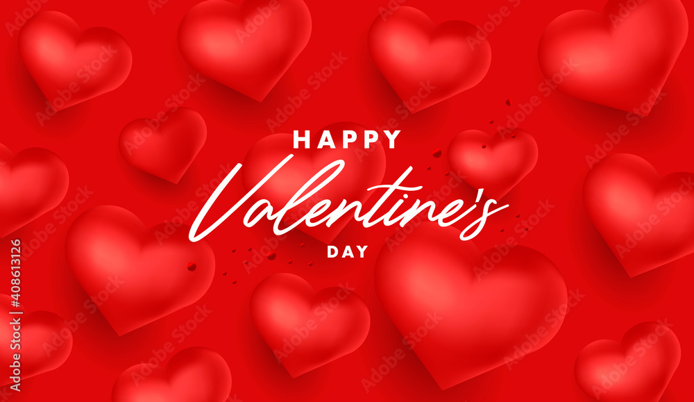 Happy Valentine s Day holiday banner with 3d shapes of red hearts on red background with calligraphy greeting copy