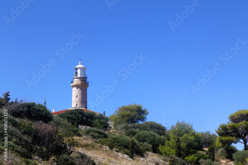 Picturesque lighthouse on the hill. Beautiful landscape on island Lastovo, Croatia.