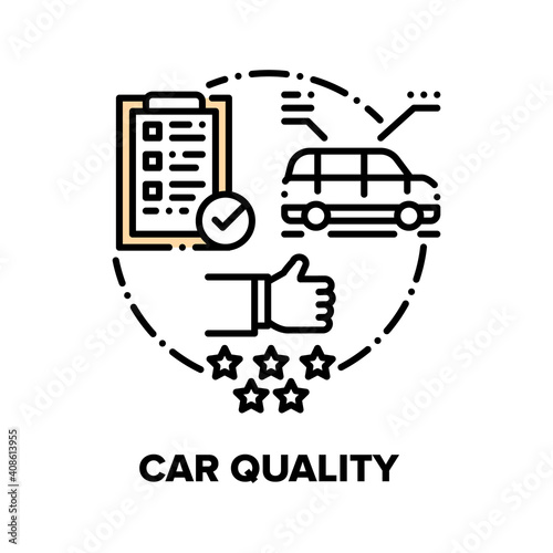 Car Quality Vector Icon Concept. Automobile Build Construction Checking Quality With Checklist And Diagnostic In Repair Shop. Service And Transport Customer Review And Backfeed Black Illustration