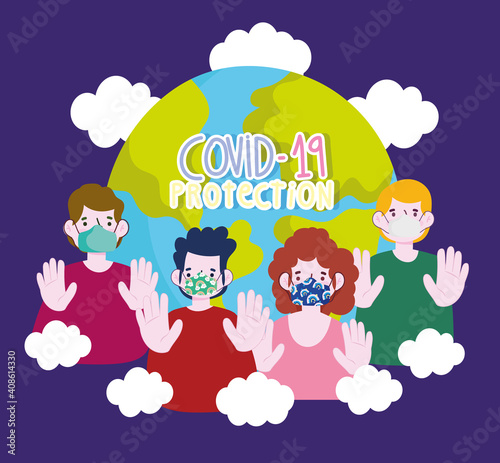 new normal lifestyle, covid 19 protection people with masks and planet outbreak stop cartoon style