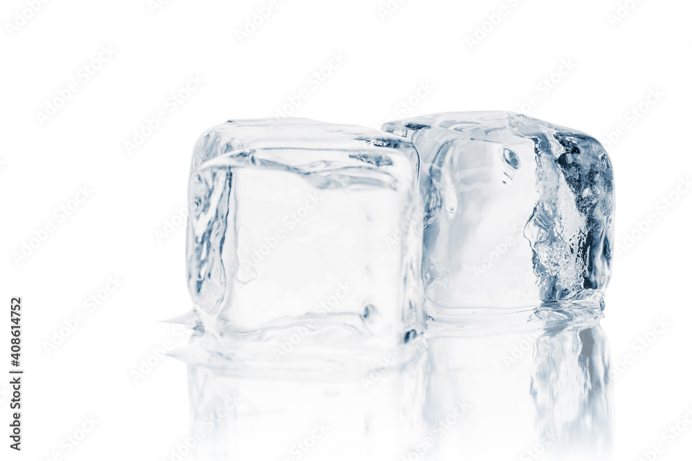 Melting natural crystal clear ice cubes on a white reflective surface. Melting natural crystal clear ice cubes on a white reflective surface.