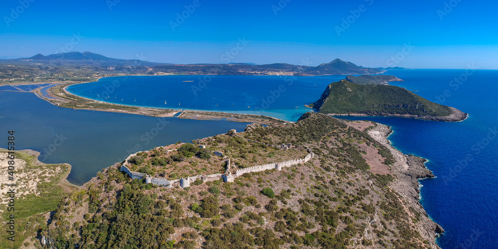 Aerial view over the Old Navarino Castle a 13th-century Frankish fortress near Pylos, Greece. Voidolikia beach in Messenia