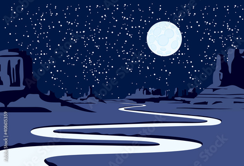 Night landscape with a deserted valley, mountains, a winding river and a full moon in a starry sky. Decorative vector background on the theme of the Wild West nature. Western scenery illustration