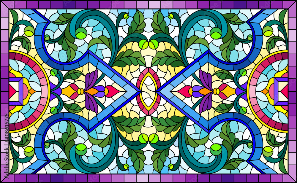 Illustration in stained glass style with abstract flowers, leaves and curls on a light background, rectangular horizontal image in frame