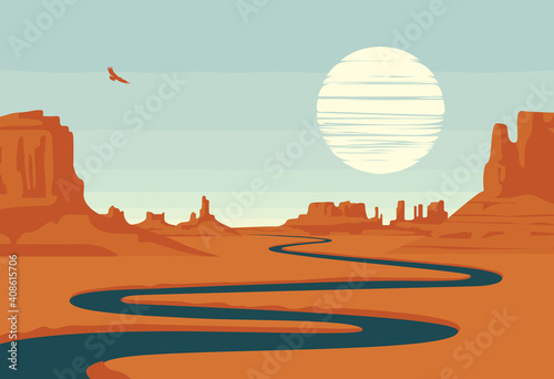 Vector landscape with deserted valley, mountains, dark winding river and flying eagle in the sky. Western scenery. Decorative illustration on the theme of the Wild West nature