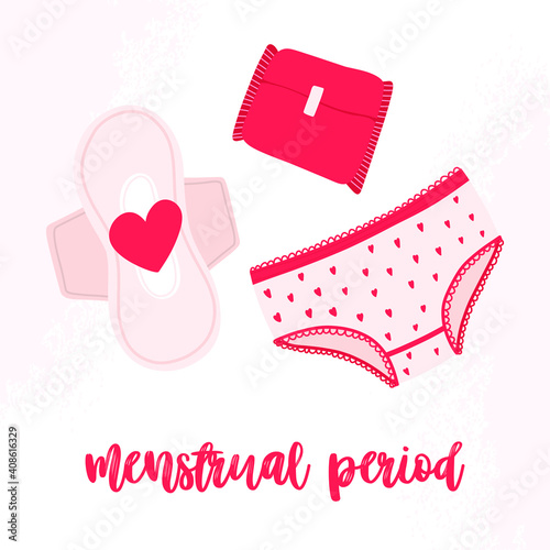 menstrual period. flat cartoon set with tampons, pads, uterus and flowers. Feminine hygiene