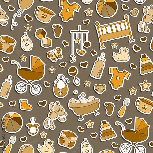 Seamless pattern on the theme of childhood and newborn babies, baby accessories and toys, simple stickers icons on brown  background, monochrome,Sepia