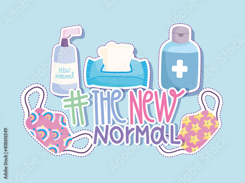 new normal lifestyle, cartoon disinfectant spray bottle alcohol tissue paper and masks style