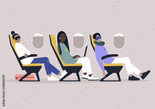 A diverse group of travelers sleeping and working on board, an airplane inside