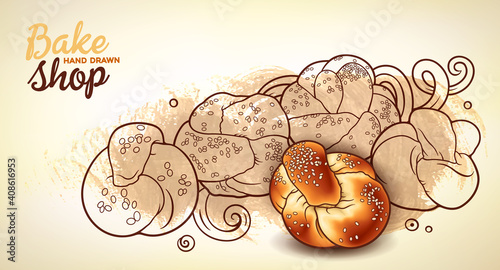 Buns and pastries hand drawn vector doodle colorful illustration