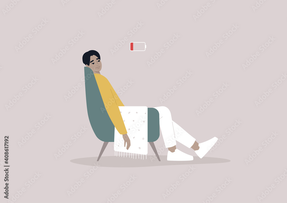 A young male Asian exhausted character sitting in a chair with a low battery indicator above A young male Asian exhausted character sitting in a chair with a low battery indicator above