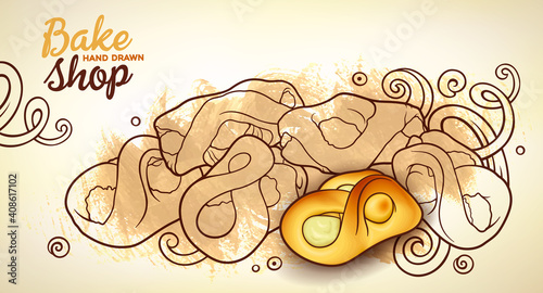Buns and pastries hand drawn vector doodle colorful illustration