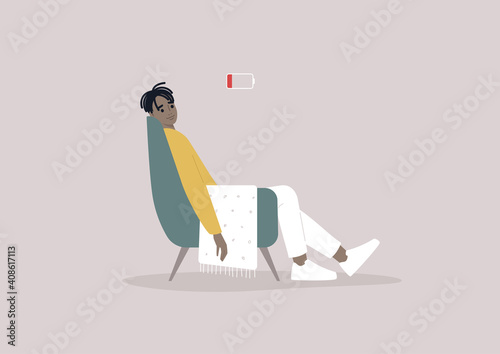 A young male Black exhausted character sitting in a chair with a low battery indicator above