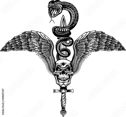 Winged Skull with Sword and Snake Tattoo Cobra