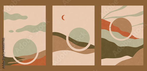 Set of three abstract minimalist backgrounds. Hand-drawn illustrations with wave pattern for  for wall decoration, postcard or brochure, cover design, stories, social media, app design.