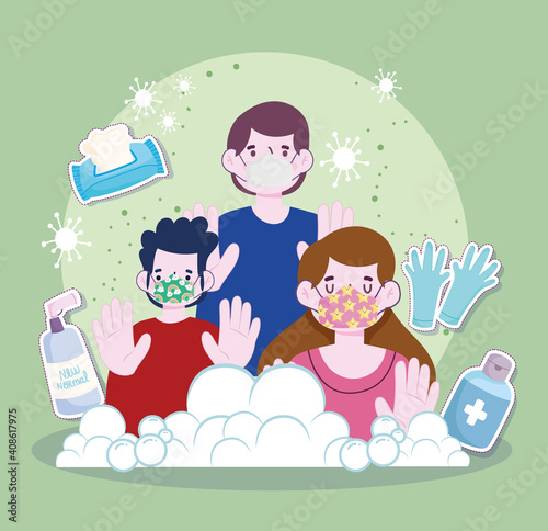 new normal lifestyle, people wearing masks and sanitizer elements cartoon style