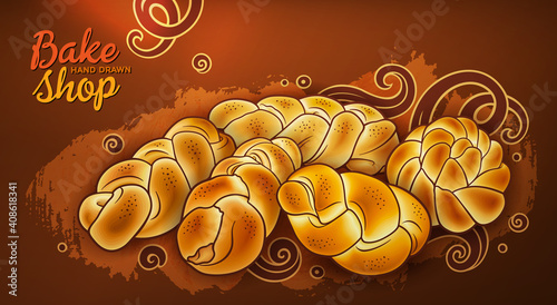 Buns and pastries hand drawn vector doodle colorful illustration