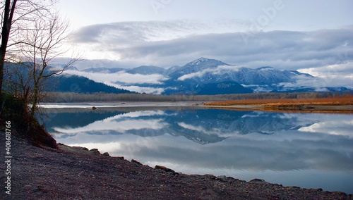 winter mountains and clouds reflections in river
