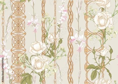 Vintage roses in a decorative imitation of a wicker basket made of twigs seamless pattern, background in art nouveau style, old, retro style. Colored vector illustration