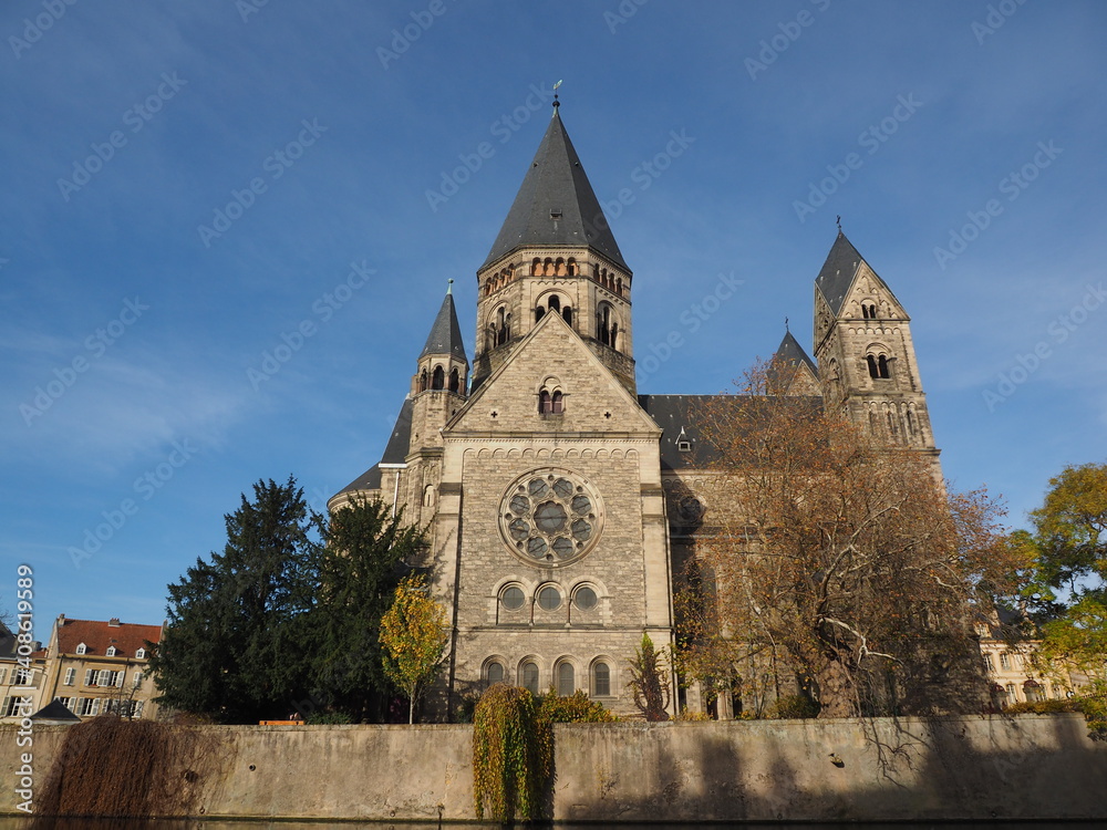 Austere facade of the Protestant temple in Metz